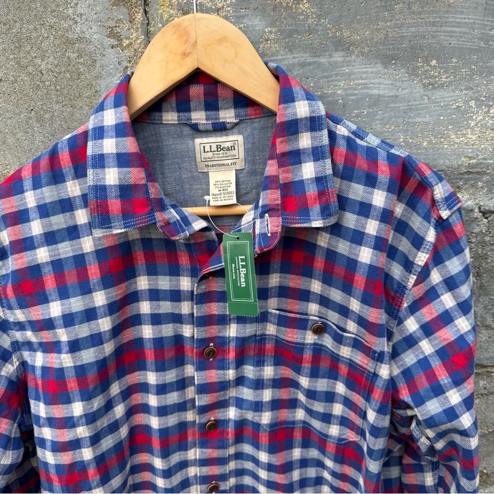 LL Bean Flannel Shirt Mens Medium Red Blue Plaid Traditional Fit All Season New